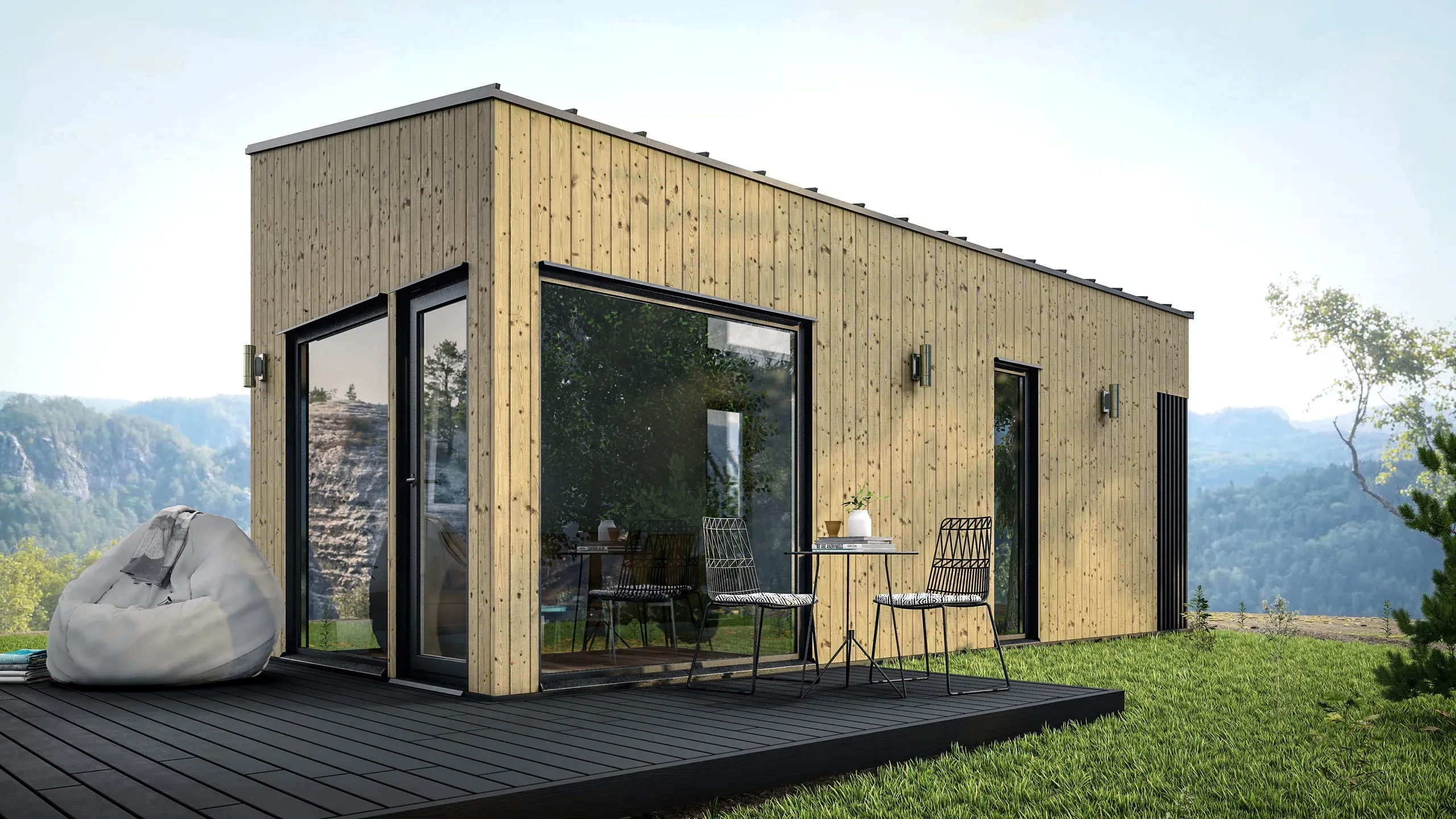 Bouw Art einingahús með ljósri timburklæðningu í fjallalandslagi