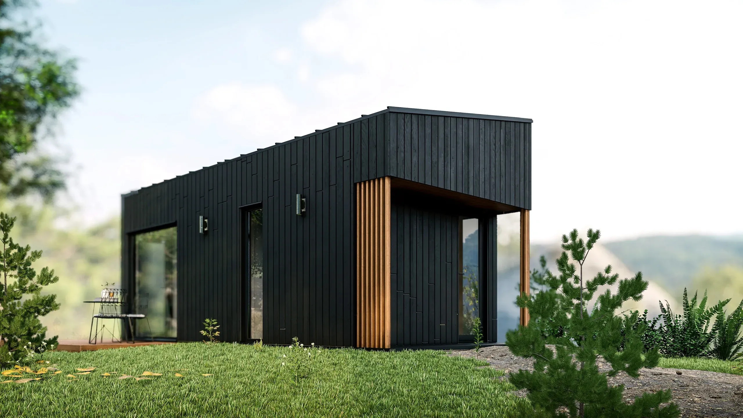 Bouw Art modular house in evening light in a mountain landscape